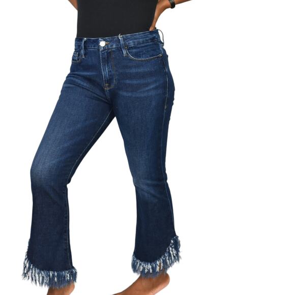 Frame Le Crop Mini Boot Jeans Blue Mid Rise Stretch Shredded Fringe Hem Size 29 - Picture 2 of 15